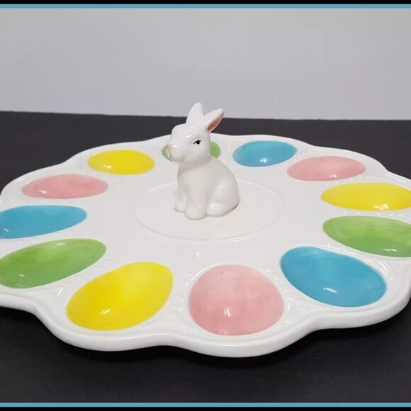 NEW RARE Finch + Robin Bunny Easter Deviled Egg Plate 11.75'' Ceramic NIB - Picture 3 of 7